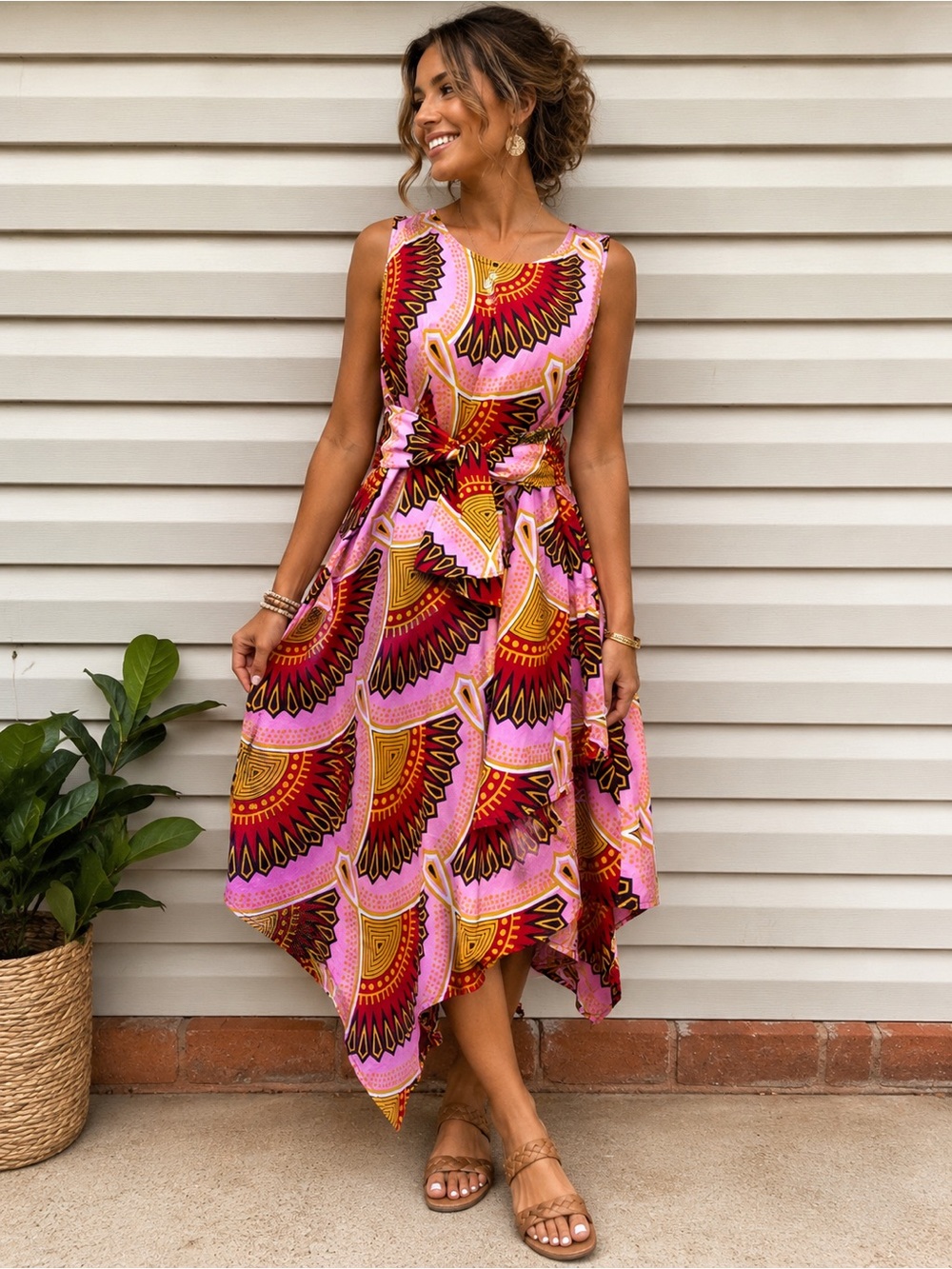 India Asymmetrical Dashiki Print Dress Pink Boho Oversized Large